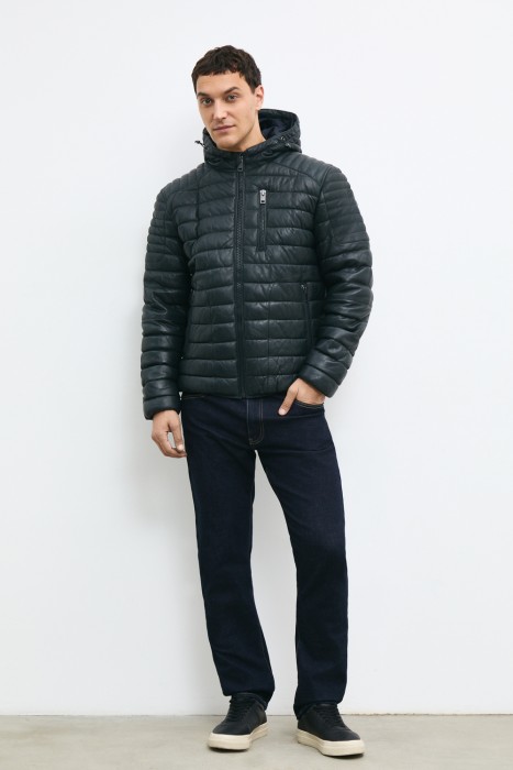 утепленная кожаная куртка с капюшоном 771948003 фотография