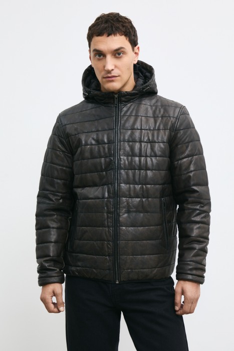 утепленная кожаная куртка с капюшоном 771949003 фотография