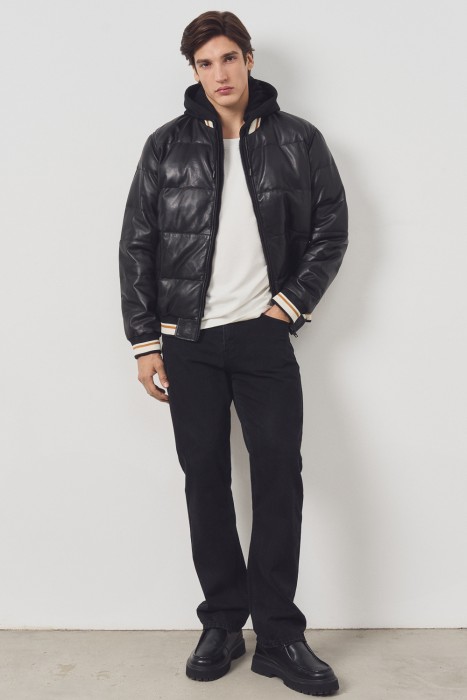 утепленная кожаная куртка с капюшоном 771467003 фотография