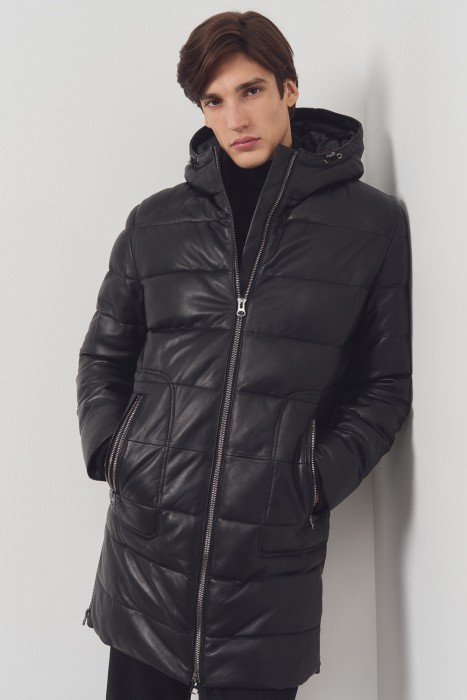 утепленная кожаная куртка с капюшоном 789977003 фотография