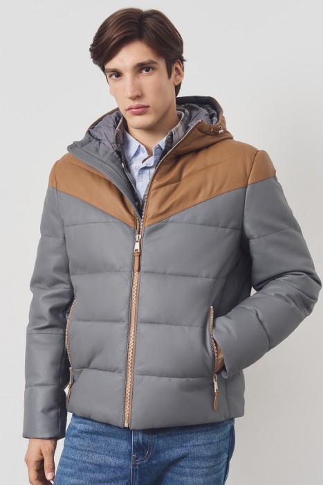 утепленная кожаная куртка с капюшоном из россии вид сбоку