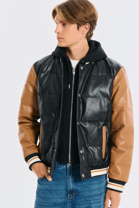 утепленная кожаная куртка с капюшоном 771469003 фотография