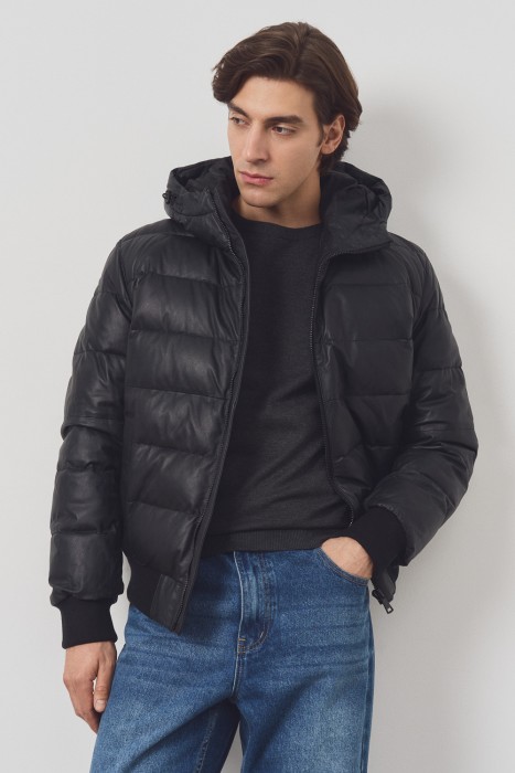 утепленная кожаная куртка с капюшоном 783987003 фотография