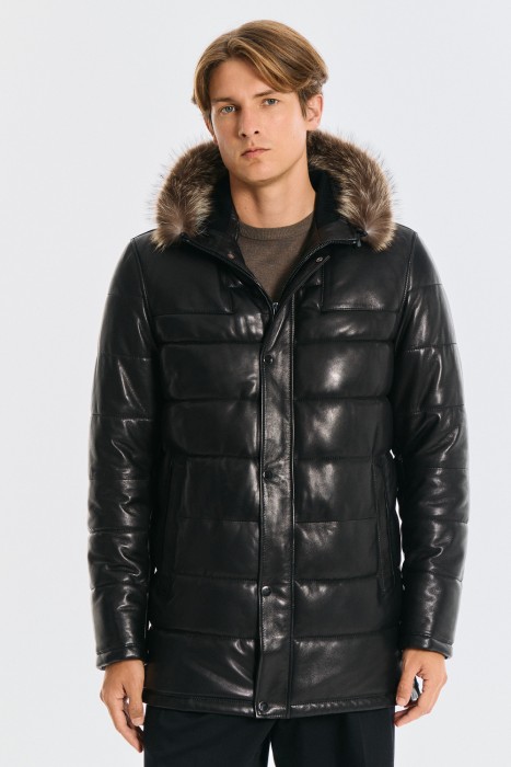 утепленная кожаная куртка с капюшоном 791461003 фотография