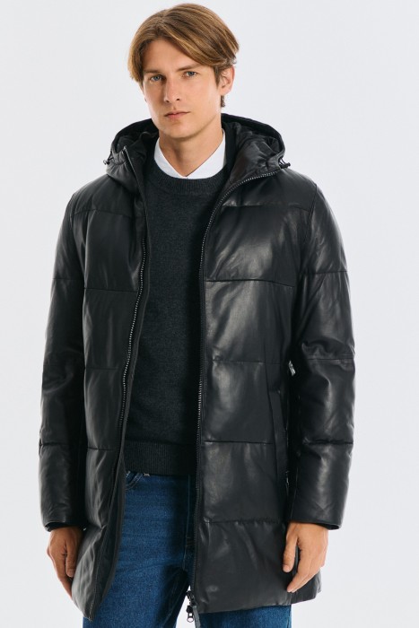 утепленная кожаная куртка с капюшоном 783693003 фотография