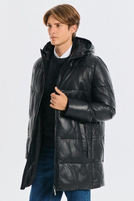утепленная кожаная куртка с капюшоном по цене 11410 руб вид справа