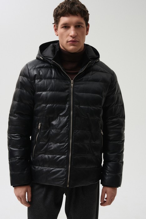 утепленная кожаная куртка с капюшоном 790470003 фотография