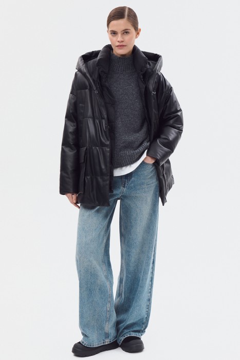утепленная кожаная куртка с капюшоном 796475003 фотография
