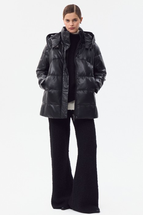 утепленная кожаная куртка с капюшоном 776284003 фотография