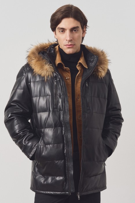 утепленная кожаная куртка с капюшоном 771799003 фотография
