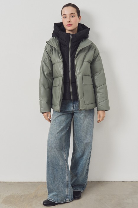 утепленная кожаная куртка с капюшоном 776259003 фотография