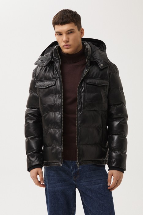 утепленная кожаная куртка с капюшоном 772646003 фотография