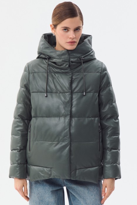 утепленная кожаная куртка с капюшоном по цене 17700 руб вид справа