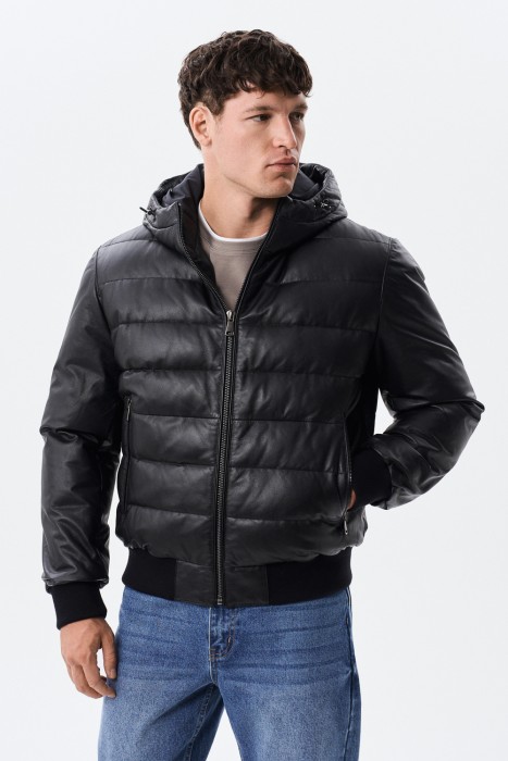 утепленная кожаная куртка с капюшоном 843811003 фотография