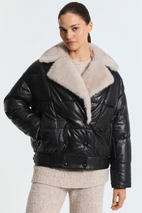 утепленная кожаная куртка с меховой отделкой от бренда снежная королева вид слева
