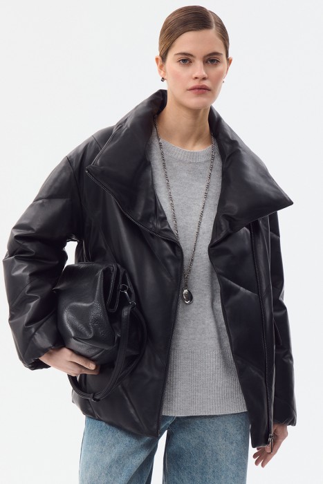 утепленная куртка из натуральной кожи с поясом 778149003 фотография