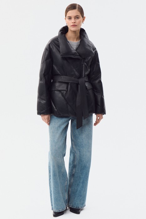 утепленная куртка из натуральной кожи с поясом от бренда снежная королева вид слева