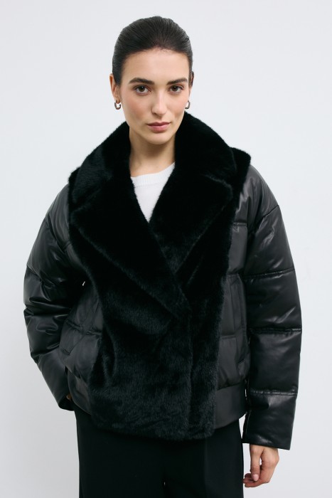 утепленная куртка из натуральной кожи от бренда снежная королева вид слева