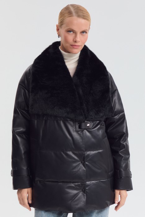 утепленная куртка из натуральной кожи от бренда снежная королева вид слева