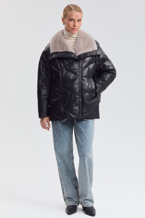 утепленная куртка из натуральной кожи от бренда снежная королева вид слева