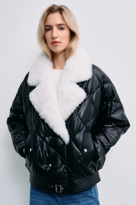 утепленная куртка из натуральной кожи от бренда снежная королева вид слева