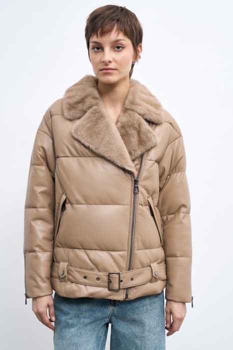 утепленная куртка из натуральной кожи от бренда снежная королева вид слева