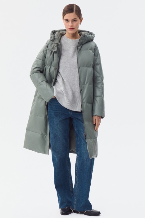 утепленное кожаное пальто с капюшоном 776256003 фотография