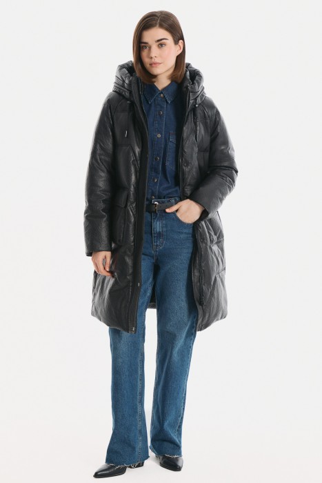 утепленное кожаное пальто с капюшоном 777245003 фотография
