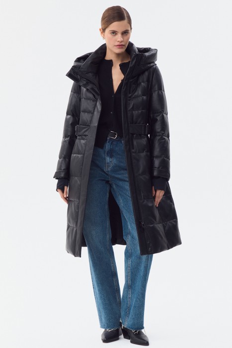 утепленное кожаное пальто с капюшоном 778594003 фотография