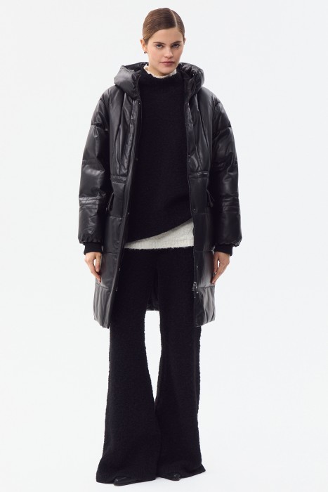 утепленное кожаное пальто с капюшоном 777247003 фотография