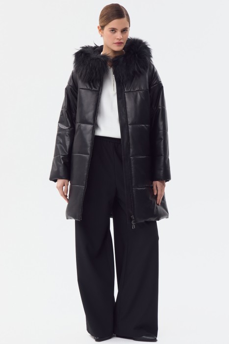 утепленное кожаное пальто с капюшоном 777258003 фотография