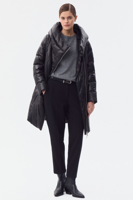 утепленное кожаное пальто с капюшоном 777255003 фотография