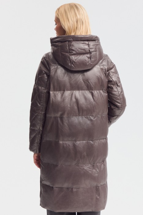 утепленное кожаное пальто с капюшоном из россии вид сбоку