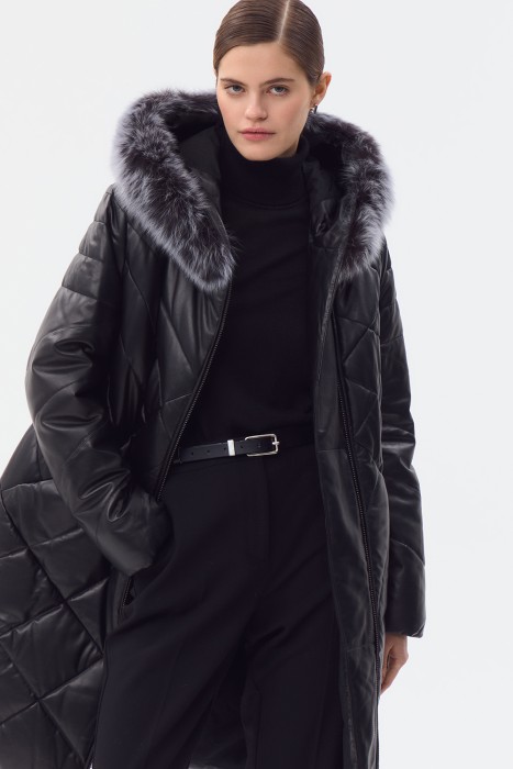 утепленное кожаное пальто с меховой отделкой 777249003 фотография