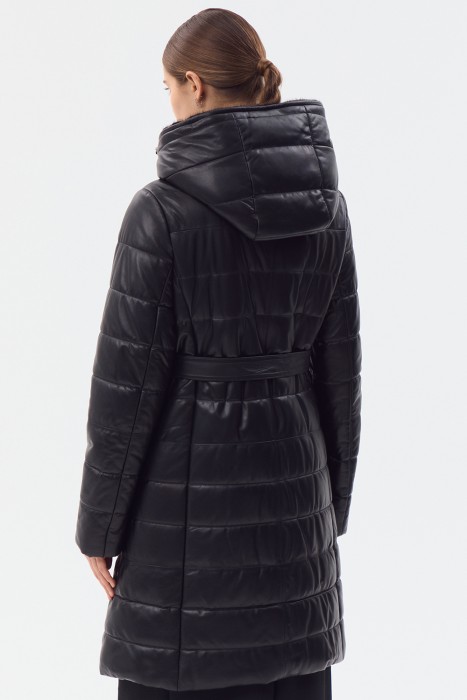 утепленное кожаное пальто с поясом по цене 17120 руб вид справа