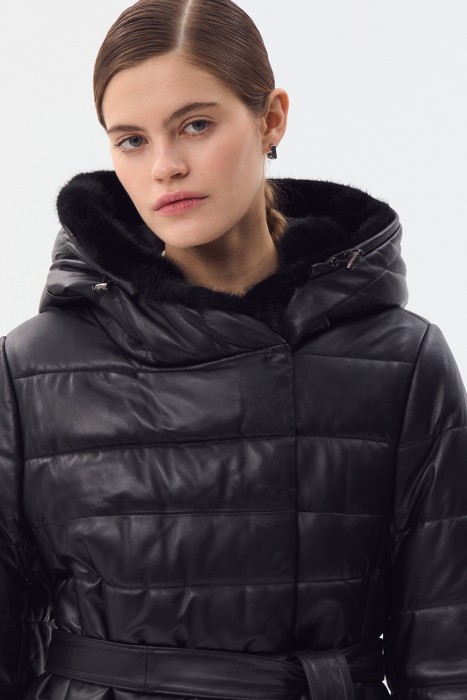 утепленное кожаное пальто с поясом из россии вид сбоку