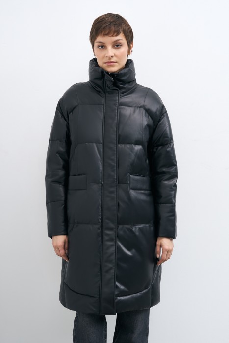 утепленное кожаное пальто от бренда снежная королева вид слева