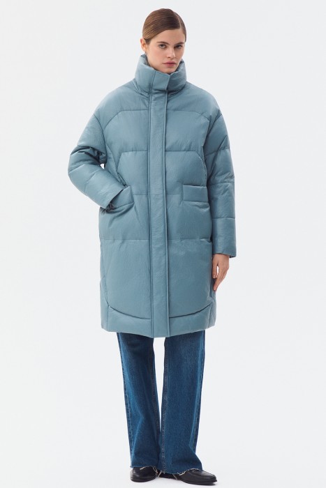 утепленное пальто из натуральной кожи от бренда снежная королева вид слева