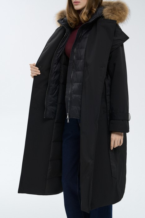 утепленное пальто с отделкой мехом енота из россии вид сбоку