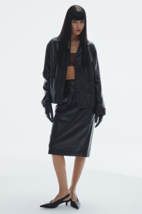 юбка из натуральной кожи с тиснением от бренда снежная королева вид слева