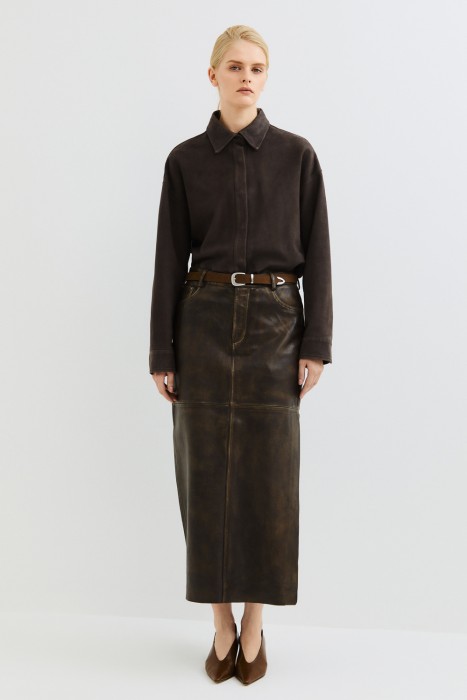 юбка с разрезом из натуральной кожи по цене 15980 руб вид справа