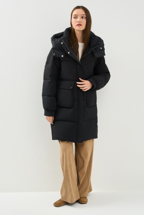 зимнее пальто с капюшоном от бренда снежная королева вид слева