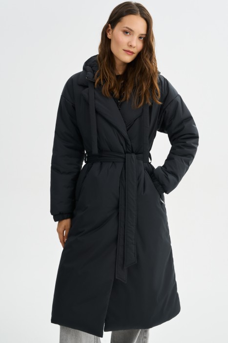 зимнее пальто с поясом от бренда снежная королева вид слева