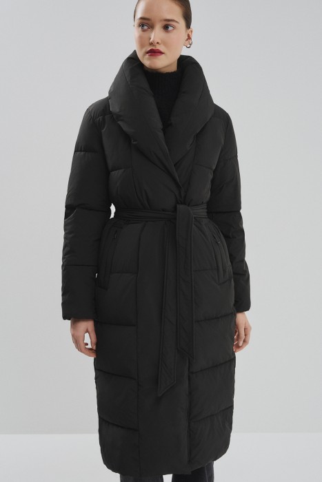 зимнее пальто с поясом от бренда снежная королева вид слева