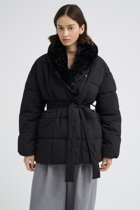 зимняя куртка с отделкой меховой тканью от бренда снежная королева вид слева