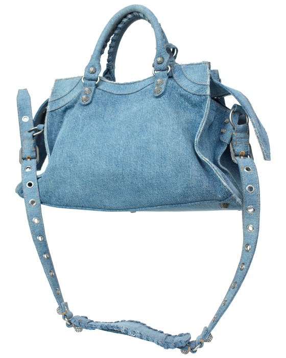 cумка neo cagole из денима со стразами от бренда balenciaga вид слева