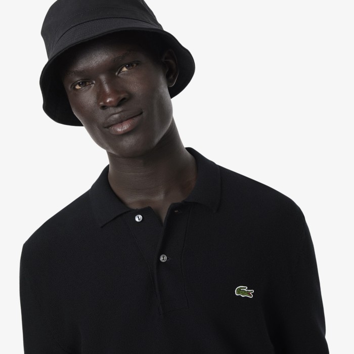 мужской трикотажный свитер-поло  с длинным рукавом от бренда lacoste вид слева