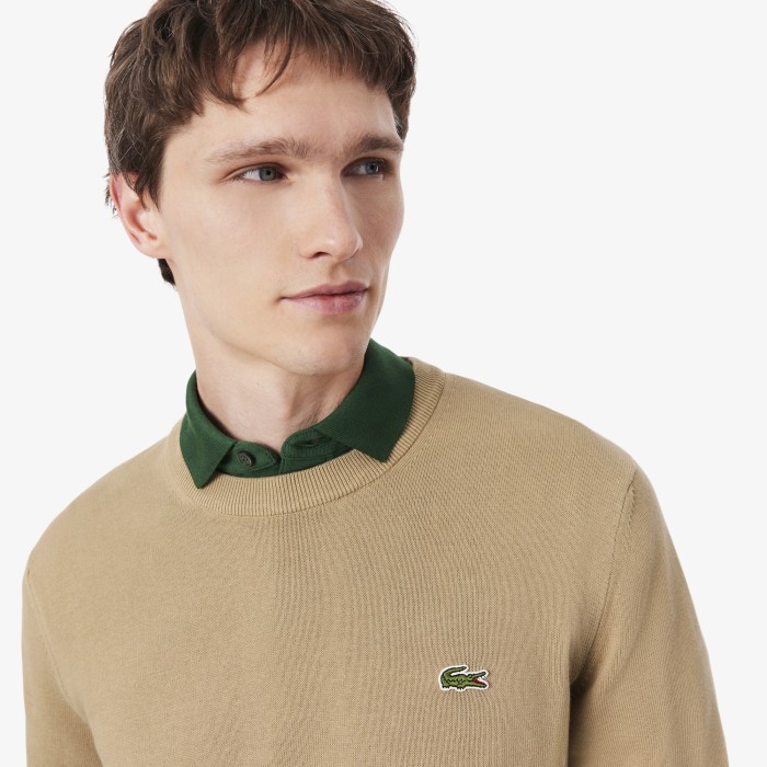 однотонный хлопковый свитер  с круглым вырезом от бренда lacoste вид слева