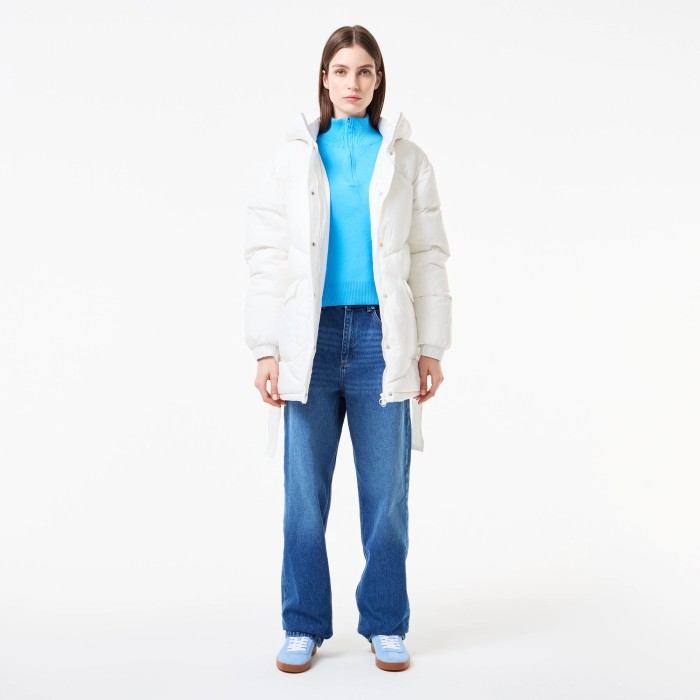 пуховик женский короткий пуховик lacoste с поясом и высоким воротом из проверенных материалов спереди