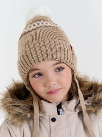 шапка зимняя из смесовой шерсти с флисовым подкладом "экрю" на завязках фотография